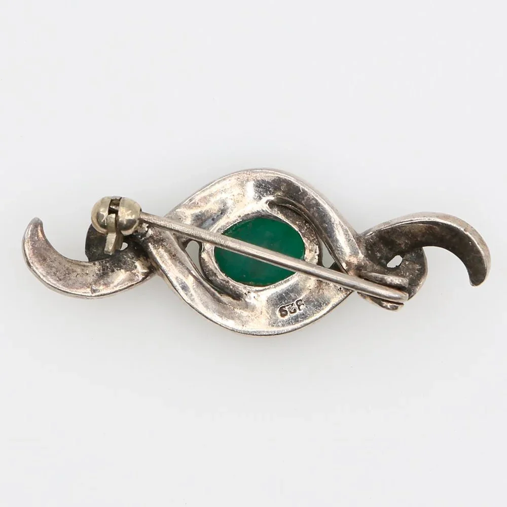 Vintage 925 Sterling Silver Marcasite Green‎ Stone Cabochon Swirl Brooch 1970s